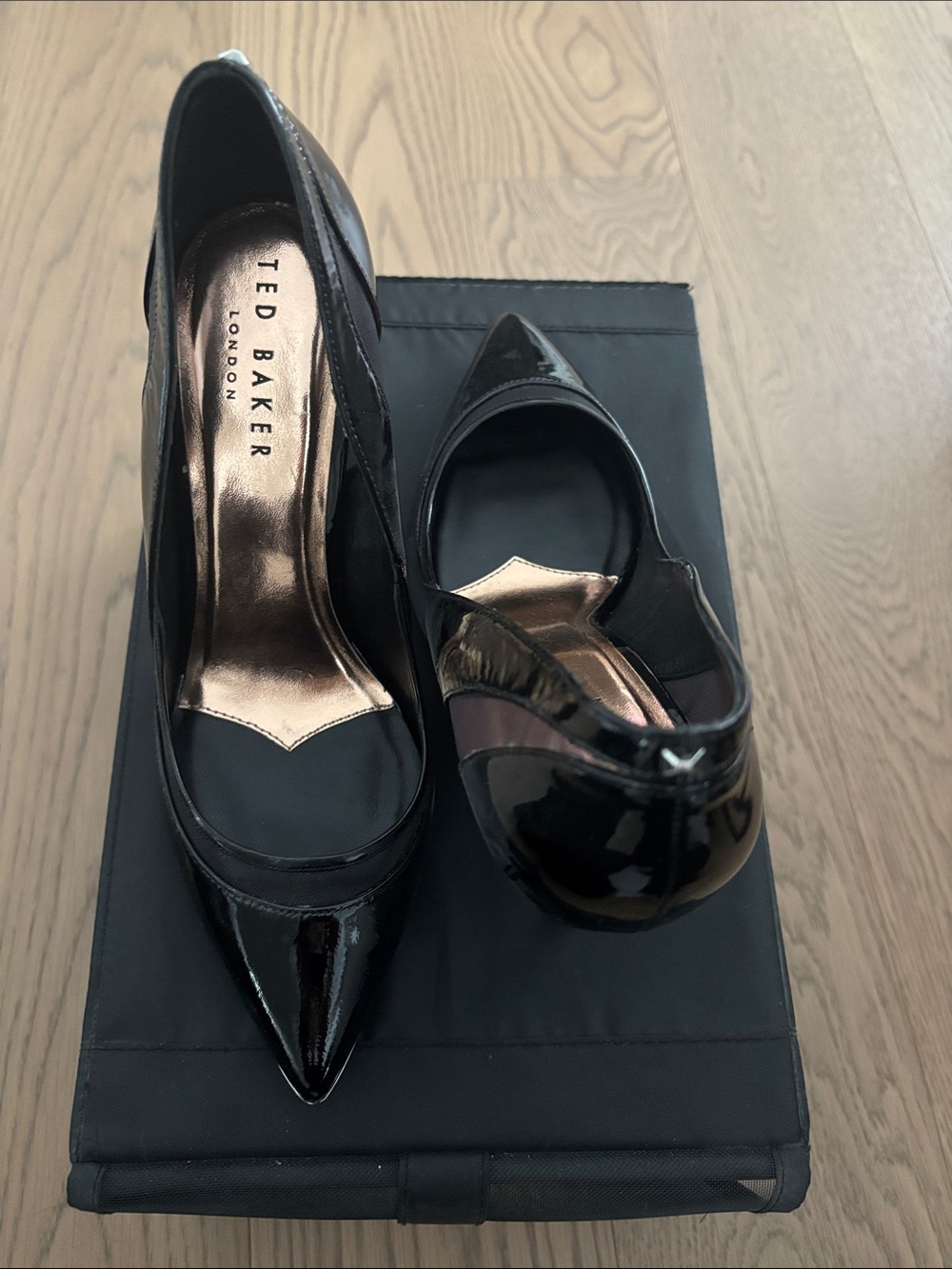 Ted Baker London Black Patent Pointed-Toe Pumps with Metallic Insole